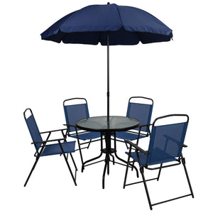 English Elm 6 Piece Patio Garden Set with Umbrella Table and Set of 4 Folding Chairs