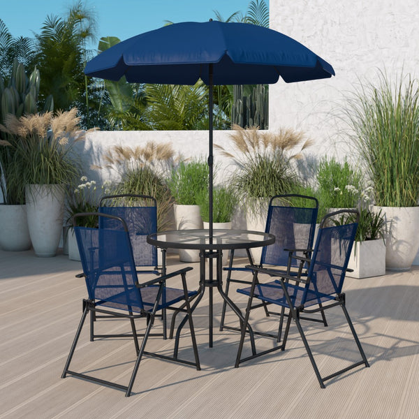 English Elm 6 Piece Patio Garden Set with Umbrella Table and Set of 4 Folding Chairs