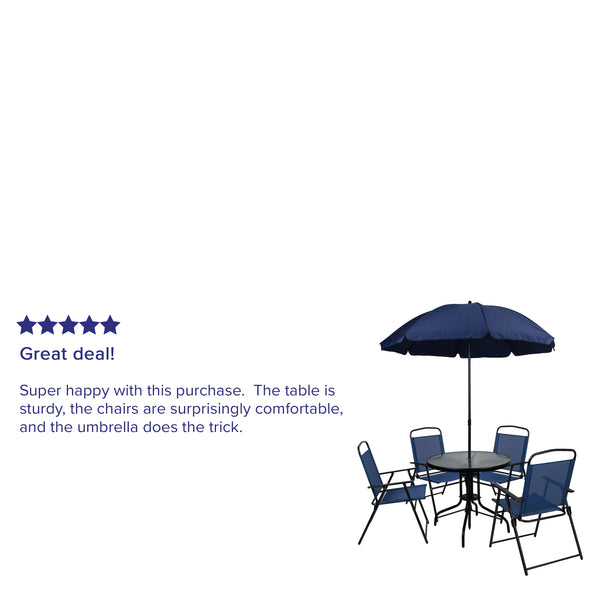 English Elm 6 Piece Patio Garden Set with Umbrella Table and Set of 4 Folding Chairs