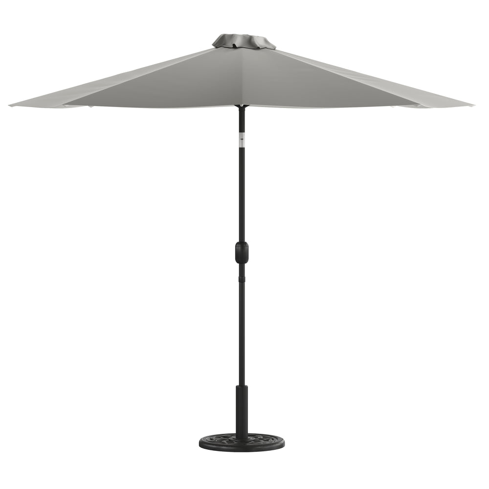 English Elm Commercial Grade 9 FT Round Umbrella with Crank and Tilt Function and Standing Umbrella Base