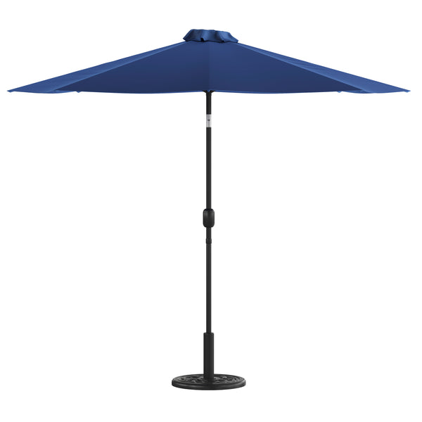 English Elm Commercial Grade 9 FT Round Umbrella with Crank and Tilt Function and Standing Umbrella Base