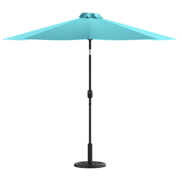 English Elm Commercial Grade 9 FT Round Umbrella with Crank and Tilt Function and Standing Umbrella Base