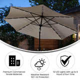 English Elm Commercial Grade Commercial Grade 9 FT Round Umbrella with 32 Solar LED Lights and Crank and Tilt Functionality