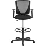 English Elm Commercial Grade Ergonomic Mid-Back Mesh Drafting Chair with Fabric Seat, Adjustable Foot Ring and Adjustable Arms