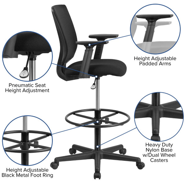 English Elm Commercial Grade Ergonomic Mid-Back Mesh Drafting Chair with Fabric Seat, Adjustable Foot Ring and Adjustable Arms