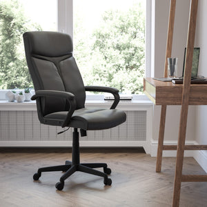 English Elm Commercial Grade High Back LeatherSoft Executive Swivel Office Chair with Slight Mesh Accent and Arms