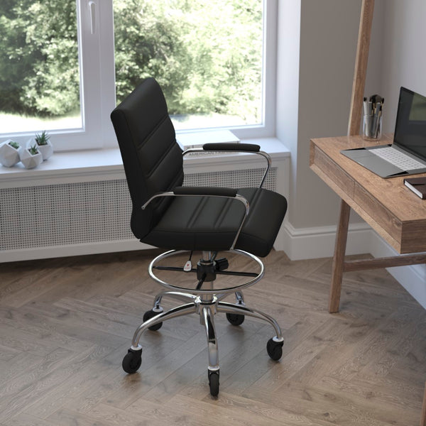 English Elm Commercial Grade Mid-Back LeatherSoft Drafting Chair with Adjustable Foot Ring, Chrome Base, and Transparent Roller Wheels