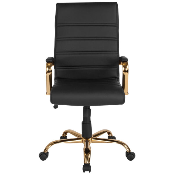 English Elm Commercial Grade High Back LeatherSoft Executive Swivel Office Chair with Gold Frame and Arms