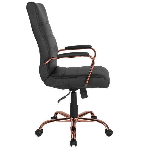 English Elm Commercial Grade High Back LeatherSoft Executive Swivel Office Chair with Rose Gold Frame and Arms