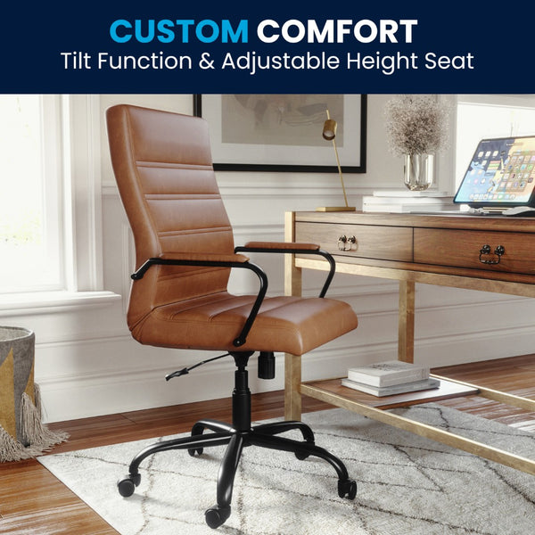 English Elm Commercial Grade High Back LeatherSoft Executive Swivel Office Chair with Black Frame and Arms