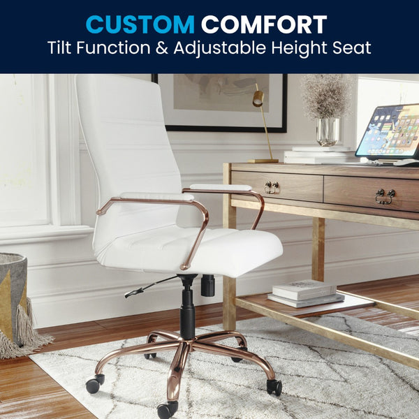 English Elm Commercial Grade High Back LeatherSoft Executive Swivel Office Chair with Rose Gold Frame and Arms