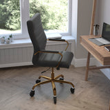 English Elm Commercial Grade High Back LeatherSoft Executive Swivel Office Chair with Gold Frame, Arms, and Transparent Roller Wheels