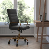 Commercial Grade High Back LeatherSoft Executive Swivel Office Chair with Gold Frame, Arms, and Transparent Roller Wheels