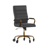 English Elm Commercial Grade High Back LeatherSoft Executive Swivel Office Chair with Gold Frame, Arms, and Transparent Roller Wheels