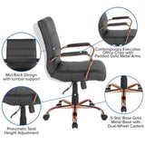 English Elm Commercial Grade Mid-Back LeatherSoft Executive Swivel Office Chair with Rose Gold Frame and Arms