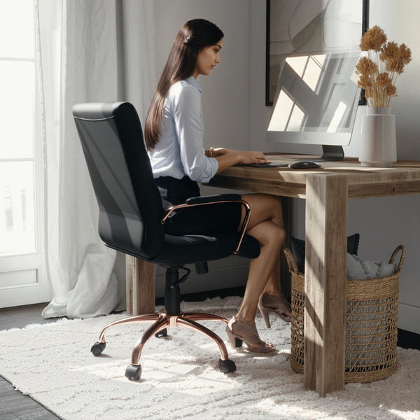 English Elm Commercial Grade Mid-Back LeatherSoft Executive Swivel Office Chair with Rose Gold Frame and Arms