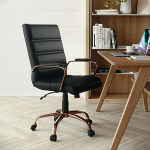 English Elm Commercial Grade Mid-Back LeatherSoft Executive Swivel Office Chair with Rose Gold Frame and Arms