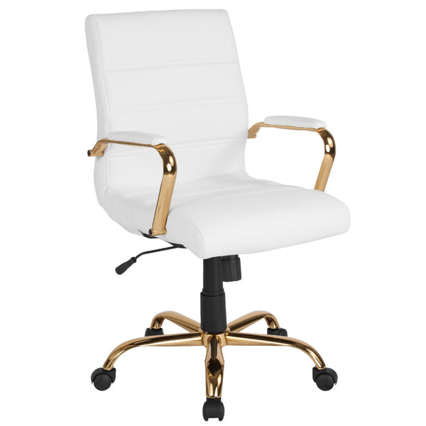 English Elm Commercial Grade Mid-Back LeatherSoft Executive Swivel Office Chair with Gold Frame and Arms