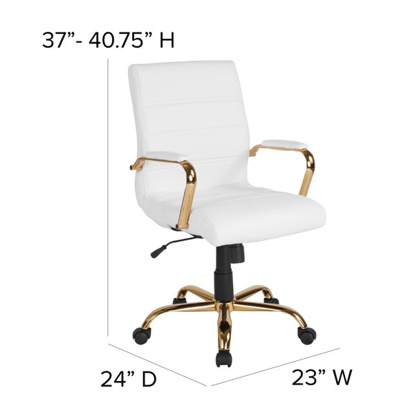English Elm Commercial Grade Mid-Back LeatherSoft Executive Swivel Office Chair with Gold Frame and Arms