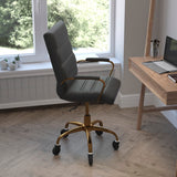 English Elm Commercial Grade Mid-Back LeatherSoft Executive Swivel Office Chair with Gold Frame, Arms, and Transparent Roller Wheels