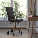 Commercial Grade Mid-Back LeatherSoft Executive Swivel Office Chair with Gold Frame, Arms, and Transparent Roller Wheels