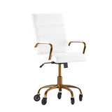 English Elm Commercial Grade Mid-Back LeatherSoft Executive Swivel Office Chair with Gold Frame, Arms, and Transparent Roller Wheels