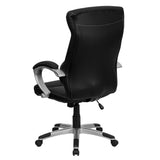 English Elm Commercial Grade High Back LeatherSoft Executive Swivel Office Chair with Curved Headrest and White Line Stitching