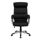 English Elm Commercial Grade High Back LeatherSoft Executive Swivel Office Chair with Curved Headrest and White Line Stitching