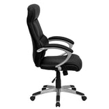 English Elm Commercial Grade High Back LeatherSoft Executive Swivel Office Chair with Curved Headrest and White Line Stitching