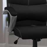 English Elm Commercial Grade High Back LeatherSoft Executive Swivel Office Chair with Curved Headrest and White Line Stitching