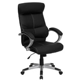 English Elm Commercial Grade High Back LeatherSoft Executive Swivel Office Chair with Curved Headrest and White Line Stitching