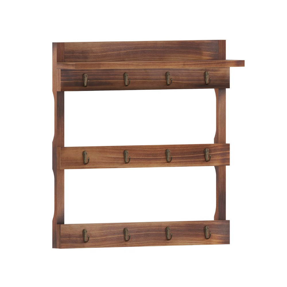 English Elm Wooden Wall Mount 12 Cup Mug Rack Organizer with Upper Storage Shelf and Metal Hanging Hooks with No Assembly Required,