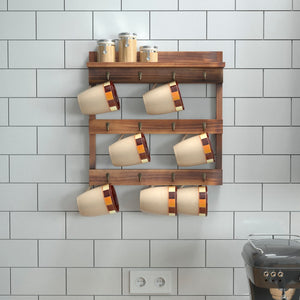 English Elm Wooden Wall Mount 12 Cup Mug Rack Organizer with Upper Storage Shelf and Metal Hanging Hooks with No Assembly Required,