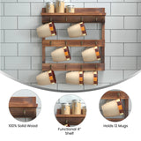 English Elm Wooden Wall Mount 12 Cup Mug Rack Organizer with Upper Storage Shelf and Metal Hanging Hooks with No Assembly Required,