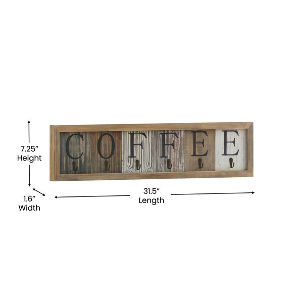 English Elm Wooden Wall Mount 6 Cup Distressed Wood Grain Printed COFFEE Mug Organizer with Metal Hanging Hooks, No Assembly Required