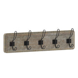 English Elm Wall Mounted 24 Inch Weathered Solid Pine Wood Storage Rack with 5 Hooks For Entryway, Kitchen, Bathroom