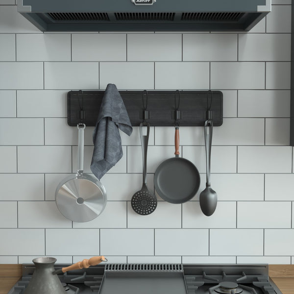 English Elm Wall Mounted 24 Inch Solid Pine Wood Storage Rack with 5 Hooks For Entryway, Kitchen, Bathroom