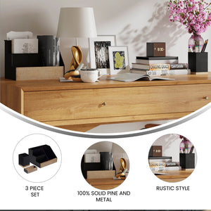 English Elm 3 Piece Finish Metal and Rustic Wood Organizer Set For Desktop, Countertop, or Vanity