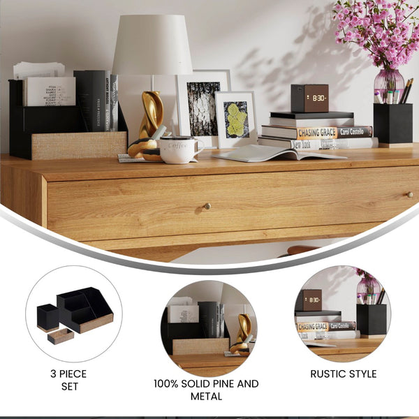 English Elm 3 Piece Finish Metal and Rustic Wood Organizer Set For Desktop, Countertop, or Vanity