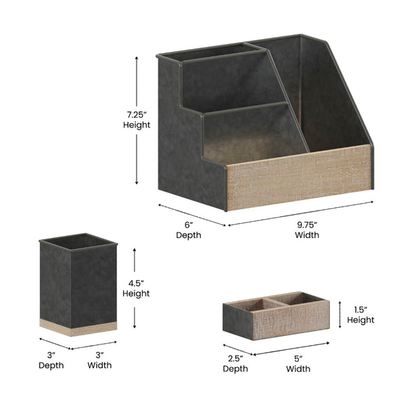 English Elm 3 Piece Finish Metal and Rustic Wood Organizer Set For Desktop, Countertop, or Vanity