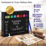 English Elm Commercial Grade 40" x 20" washed Wooden Indoor/Outdoor A-Frame Magnetic Chalkboard Sign Set - 8 Chalk Markers, 10 Stencils, 2 Magnets, and Eraser