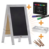 English Elm Commercial Grade 40" x 20" washed Wooden Indoor/Outdoor A-Frame Magnetic Chalkboard Sign Set - 8 Chalk Markers, 10 Stencils, 2 Magnets, and Eraser