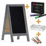 English Elm Commercial Grade 40" x 20" washed Wooden Indoor/Outdoor A-Frame Magnetic Chalkboard Sign Set with 8 Chalk Markers, 10 Stencils, 2 Magnets, and Eraser