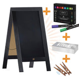 English Elm Commercial Grade 40" x 20" Wooden Indoor/Outdoor A-Frame Magnetic Chalkboard Sign Set with 8 Chalk Markers, 10 Stencils, and 2 Magnets, and Eraser