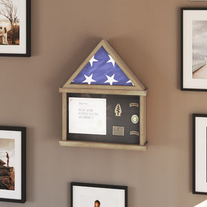 English Elm Flag and Certificate Display Case, Solid Pine Wood Flag Shadow Box Fits 3x5 Folded Flag, Wood Finish