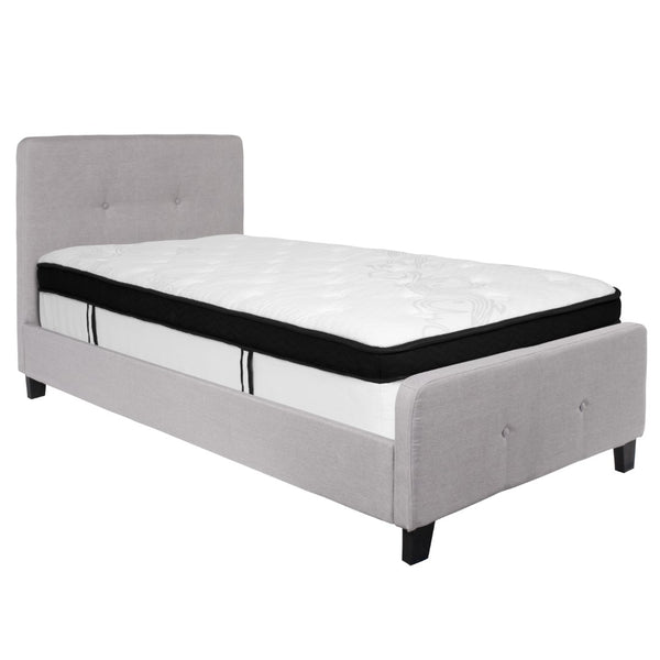English Elm Twin Size Tufted Upholstered Platform Bed in Fabric with Memory Foam Mattress