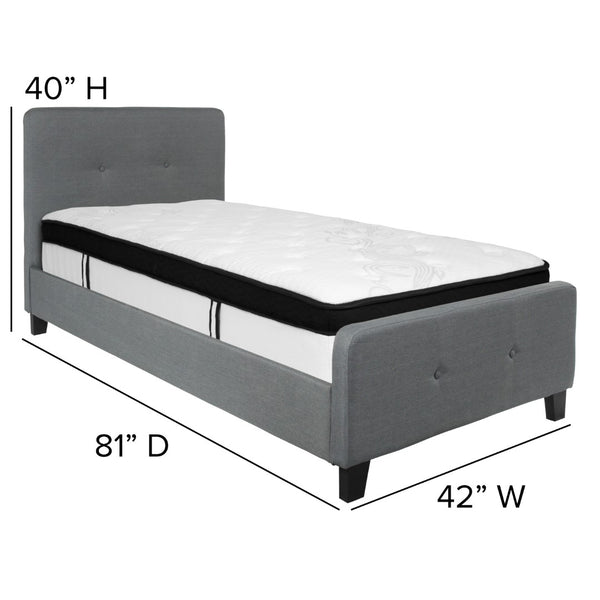 English Elm Twin Size Tufted Upholstered Platform Bed in Fabric with Memory Foam Mattress
