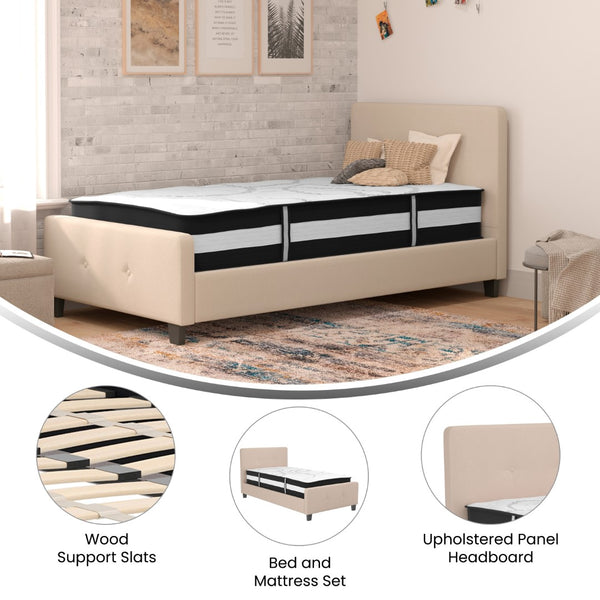 English Elm Twin Size Tufted Upholstered Platform Bed in Fabric with Pocket Spring Mattress