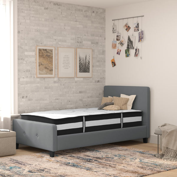 English Elm Twin Size Tufted Upholstered Platform Bed in Fabric with Pocket Spring Mattress