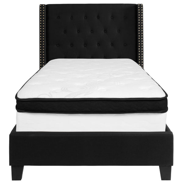 English Elm Twin Size Tufted Upholstered Platform Bed in Fabric with Memory Foam Mattress